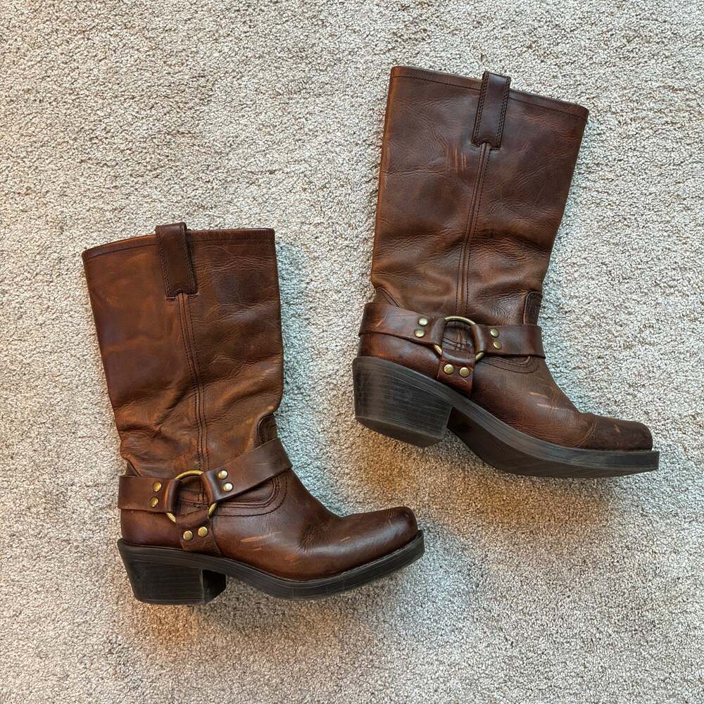 Vintage Mossimo Brown Leather Moto Harness Boots Size 7 Y2K
